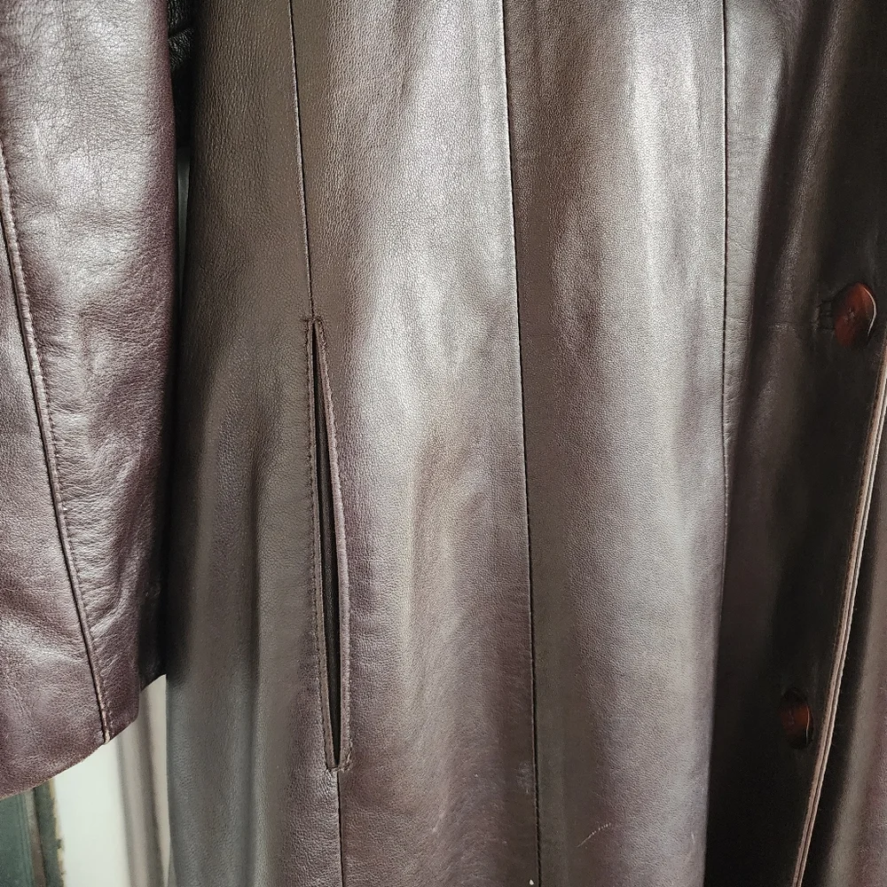 Andre Vintage 80's Brown Leather Coat with Black Faux Fur Collar - Picture 3 of 11